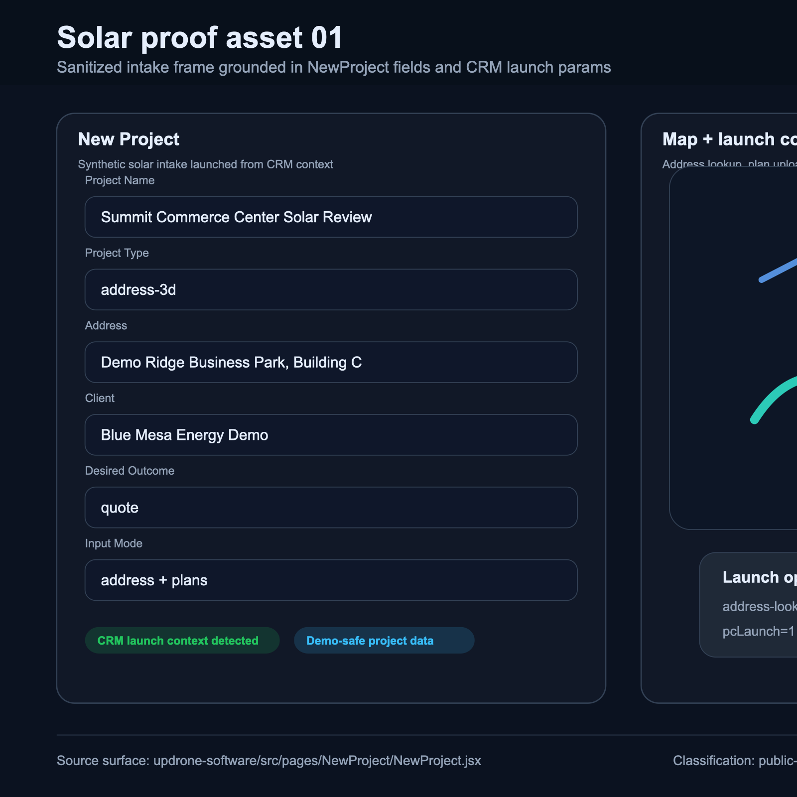 Public-safe UpDrone solar intake proof showing a structured project start screen