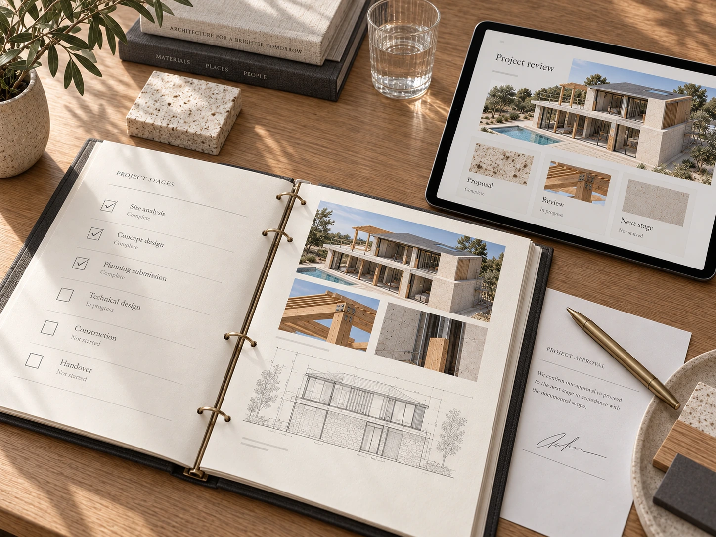 Project review binder with stage checklists, drawings and progress photographs beside a tablet and signed approval record
