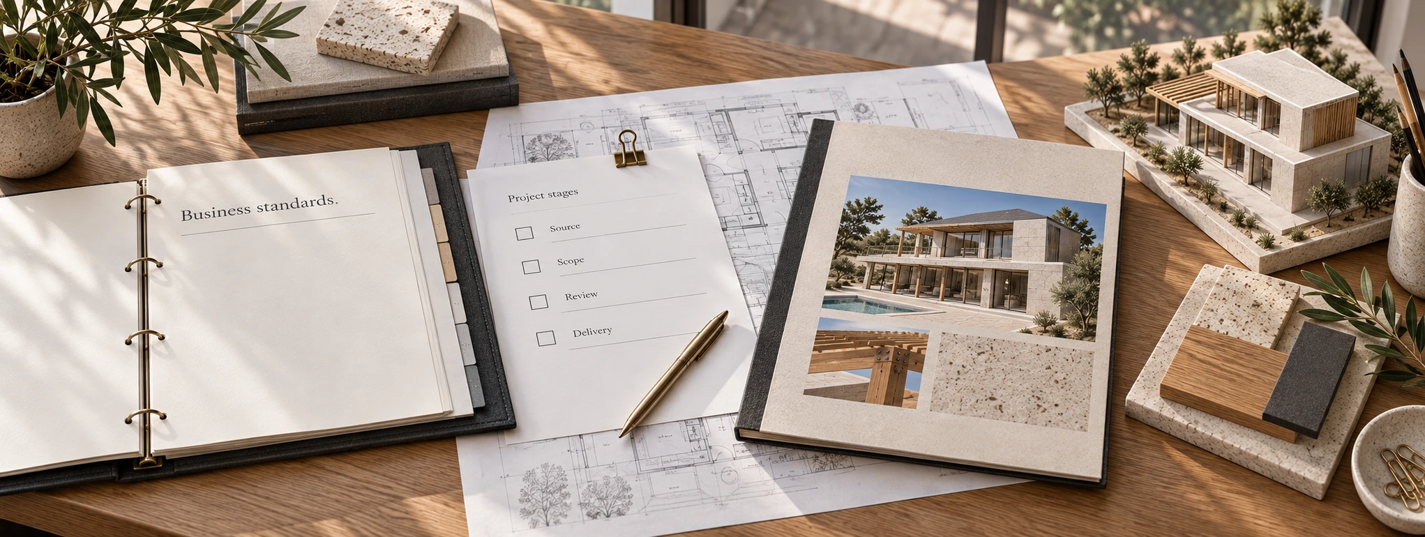 Business standards binder, project stage checklist, drawings, material samples and a residence model on an oak workbench