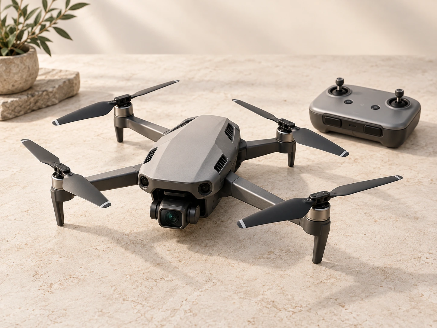 Quadcopter drone with all four propellers and its gimbal camera visible beside a remote controller