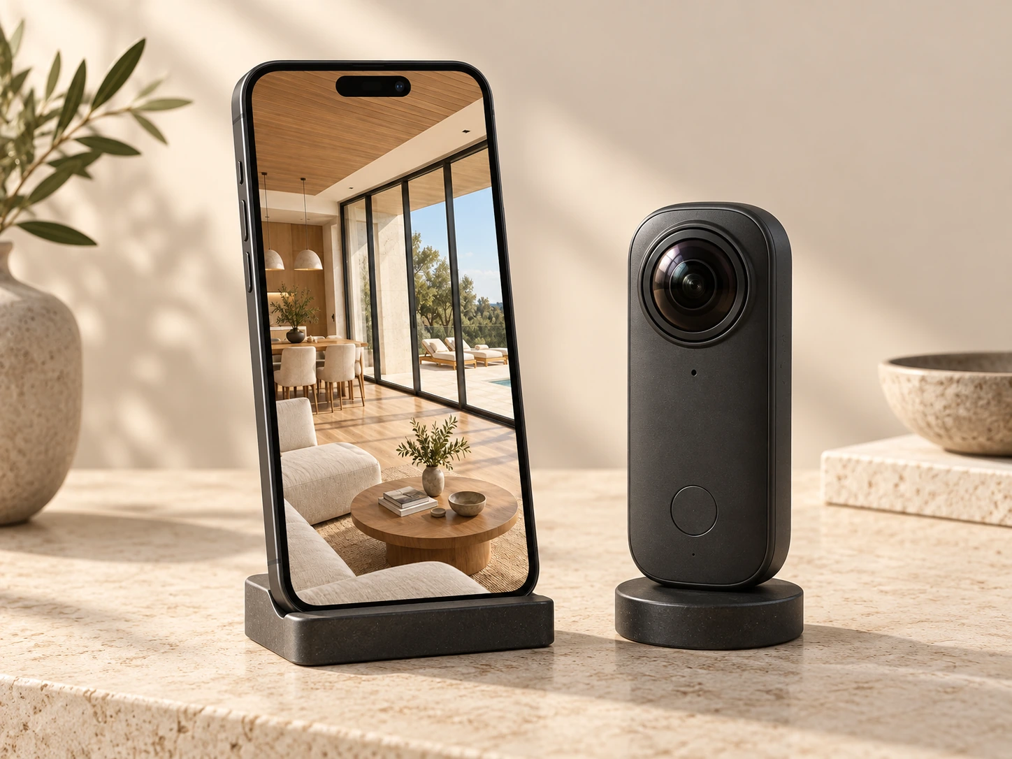Smartphone displaying a captured interior beside a 360-degree camera on a limestone surface