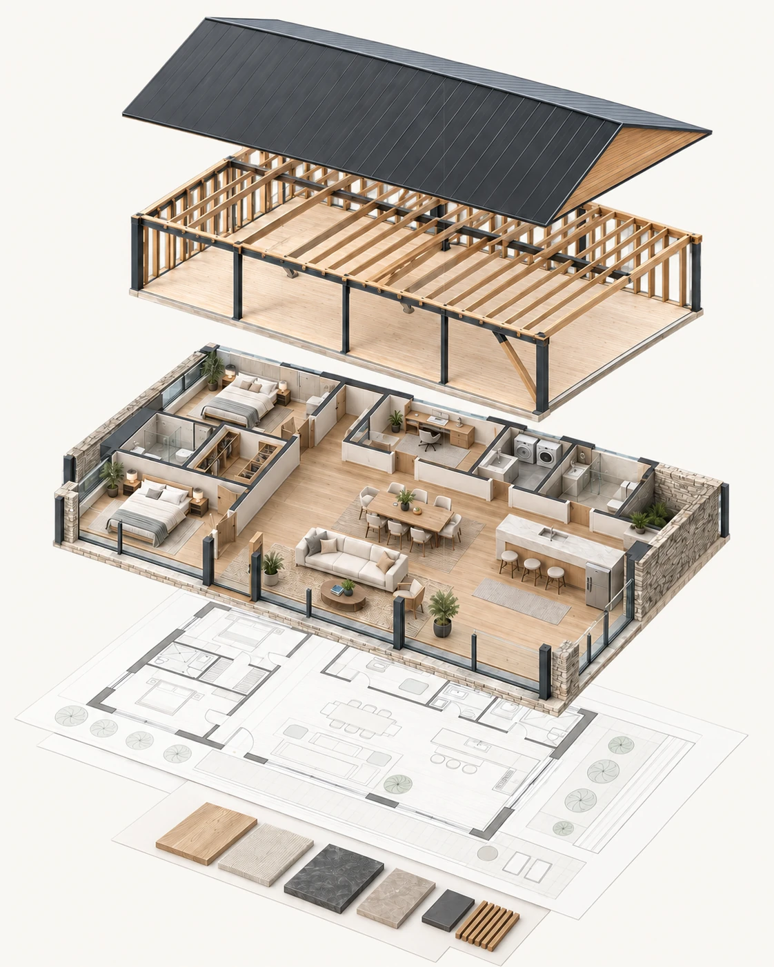 Exploded architectural concept with roof, structure, furnished rooms, a floor plan and material samples