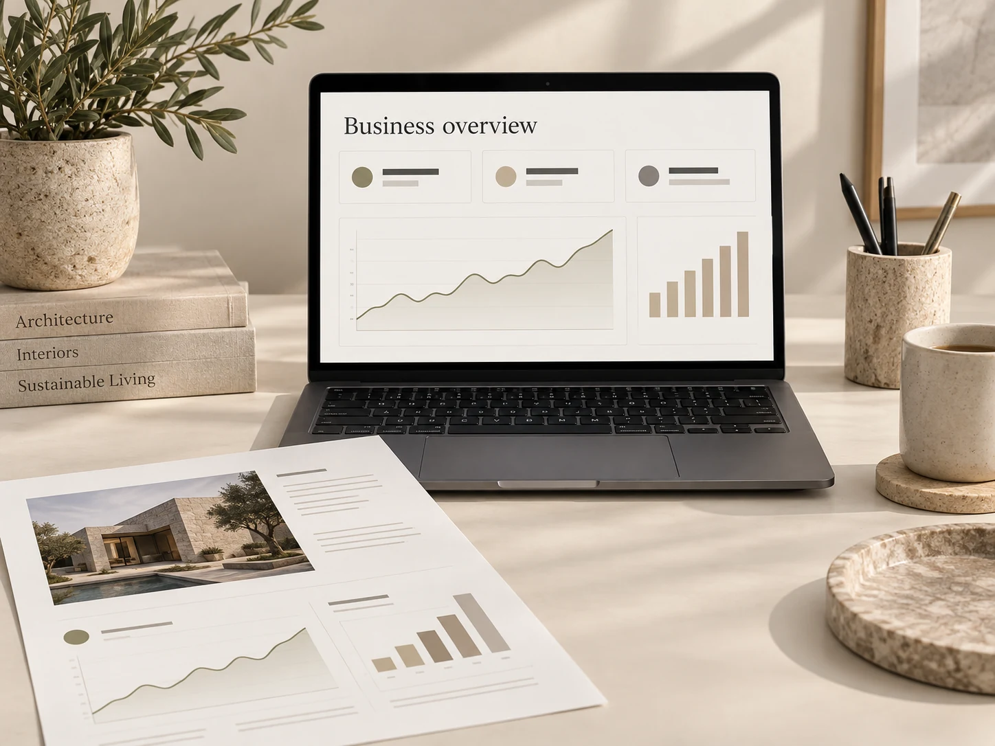 Business charts on a laptop beside a printed project analytics report