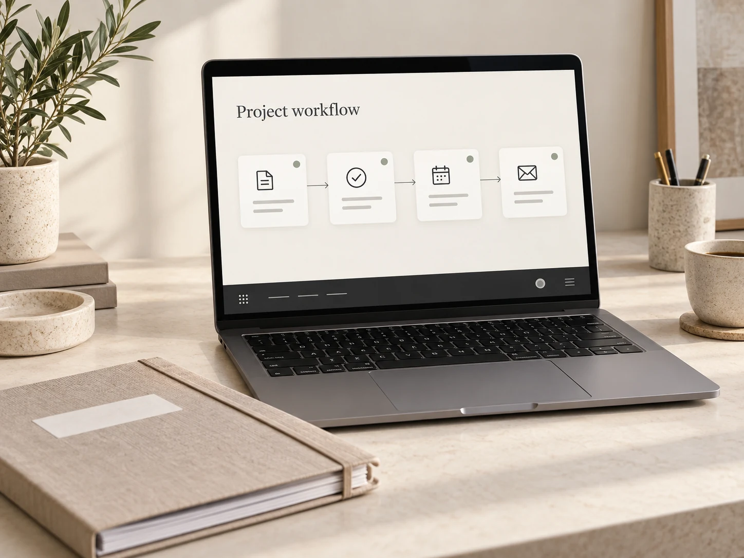 A connected project workflow displayed on a laptop beside a project folder