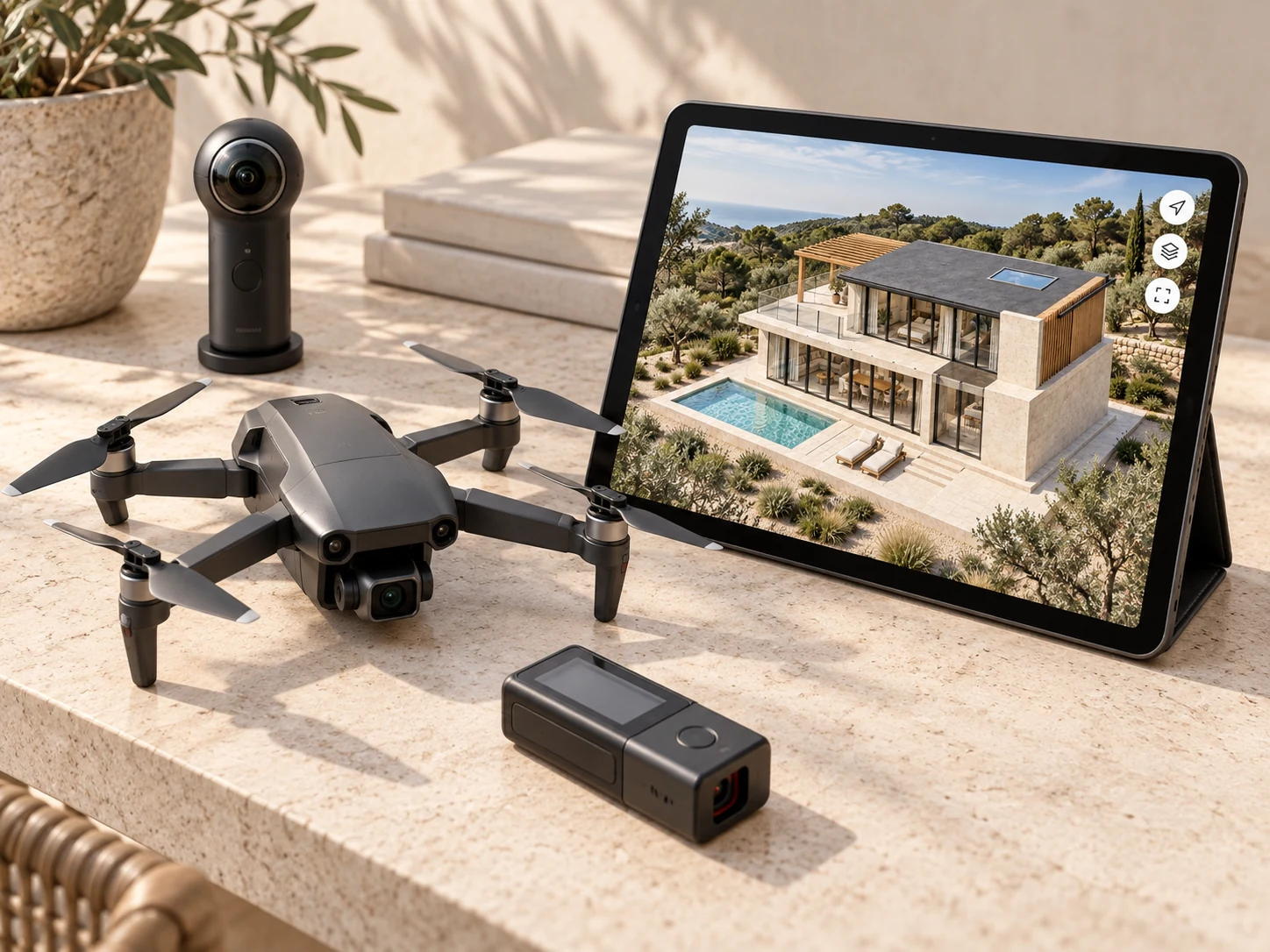 Drone, tablet with a captured property model, 360 camera and measurement equipment