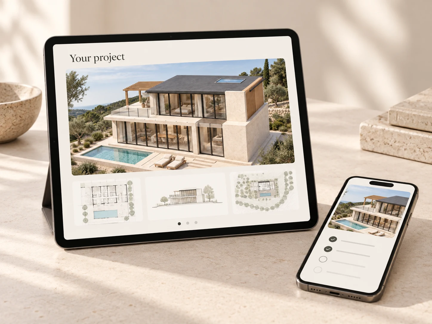 A private property project page with photographs and deliverables on a tablet and phone