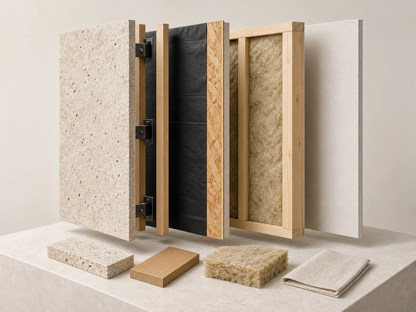 Exploded wall assembly showing limestone, battens, membrane, insulated timber framing and plasterboard