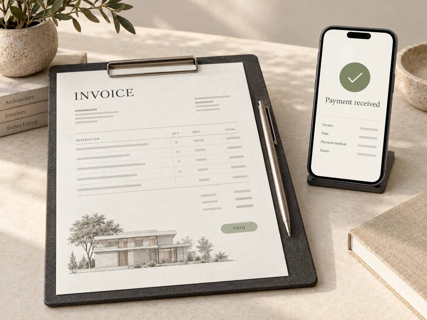 An invoice on a clipboard beside a phone showing a payment confirmation