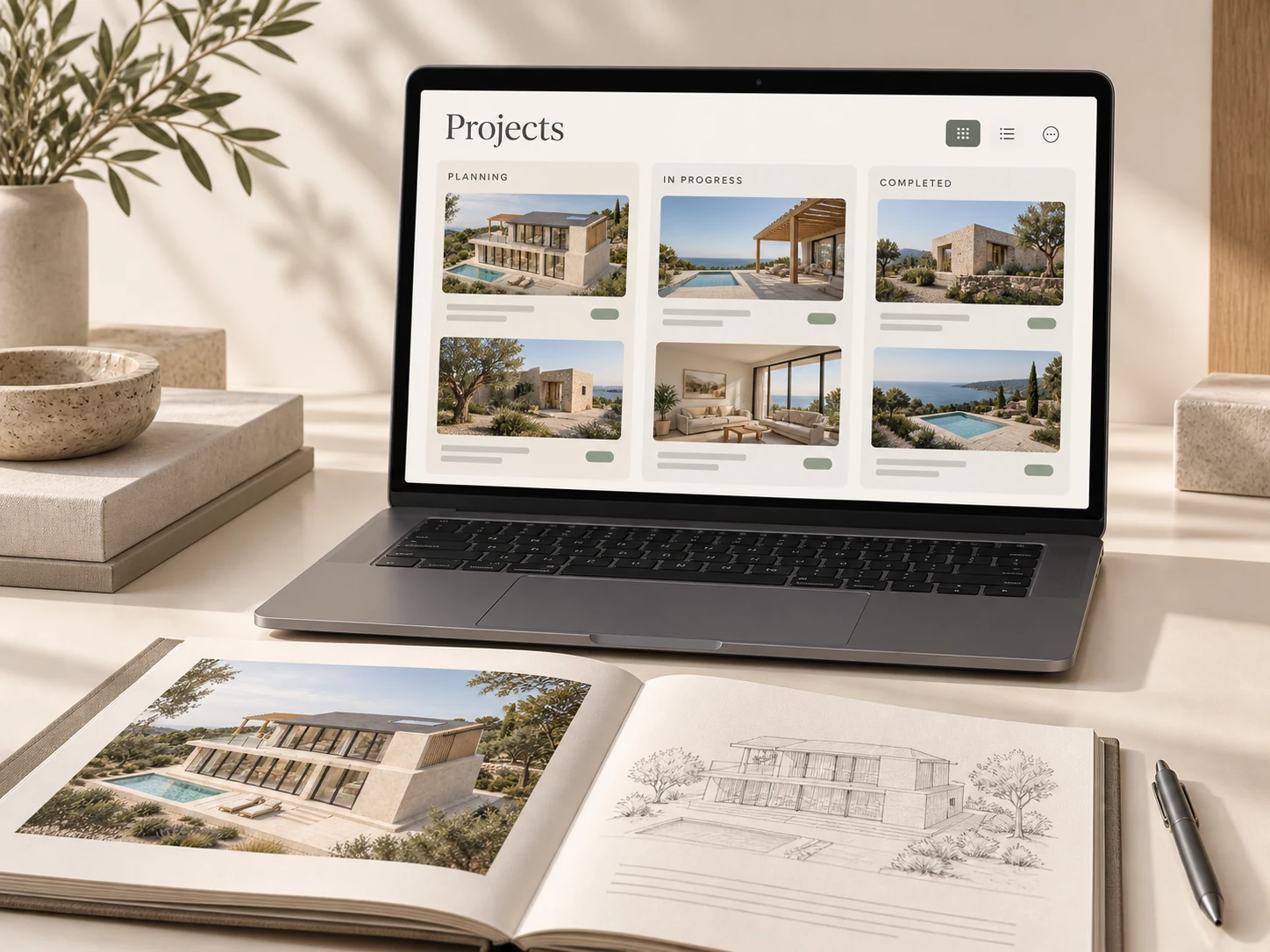 A project board on a laptop beside an architectural project folder
