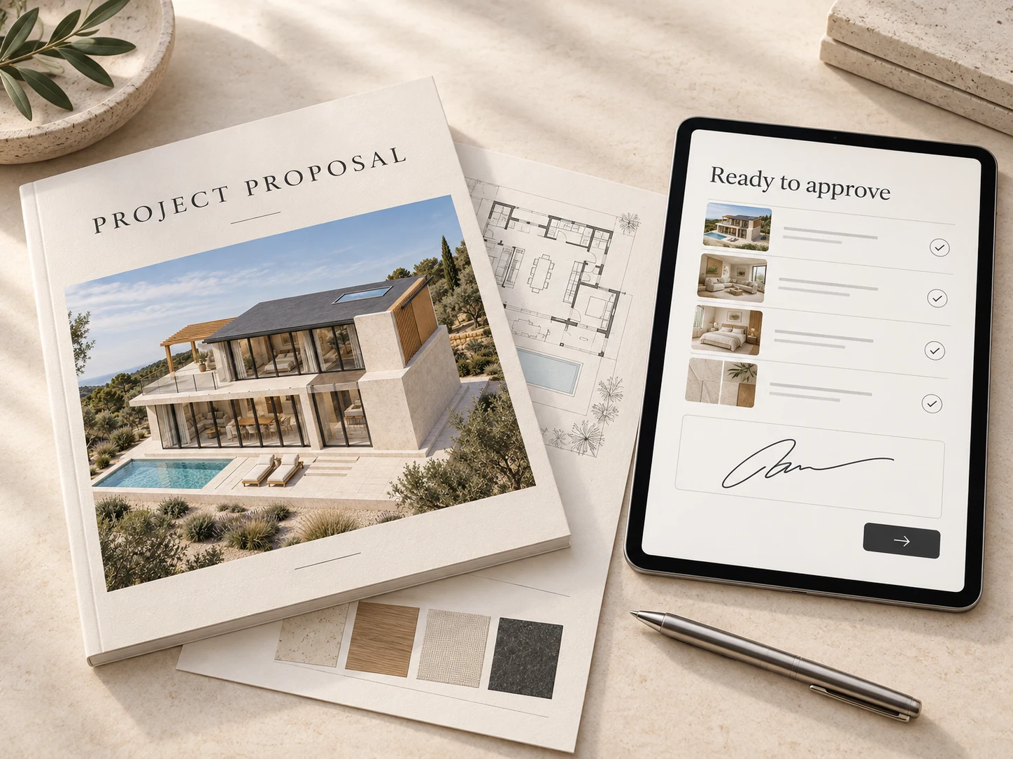 Printed architectural project proposal beside a tablet with a signature and approval document