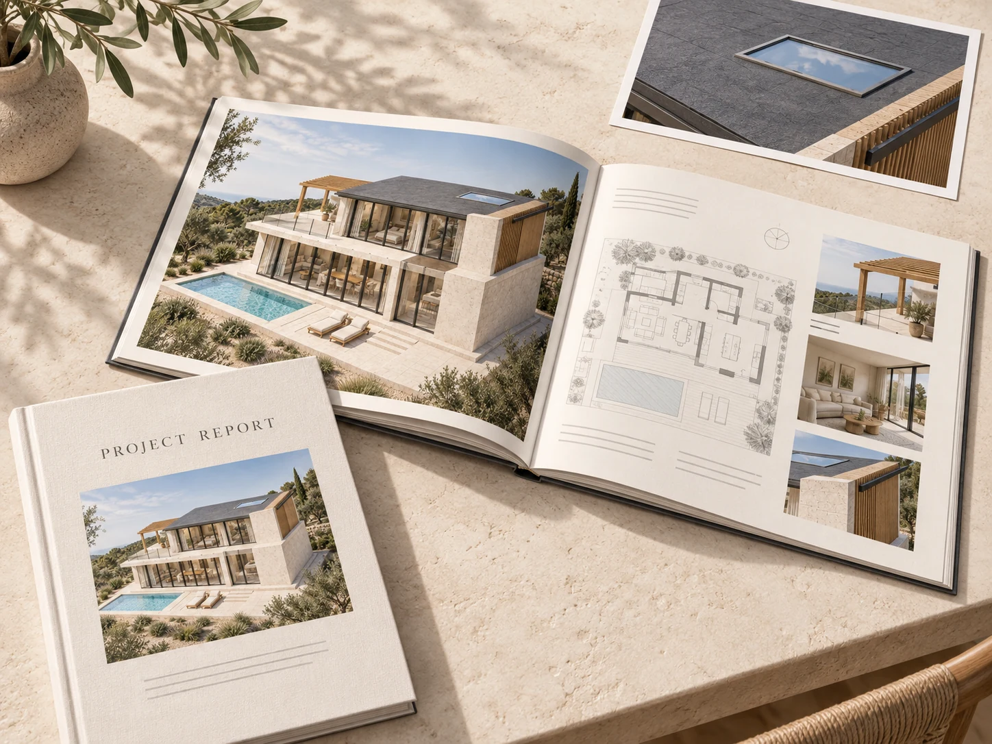 Architectural project report with property photographs, floor plans and detailed printed pages