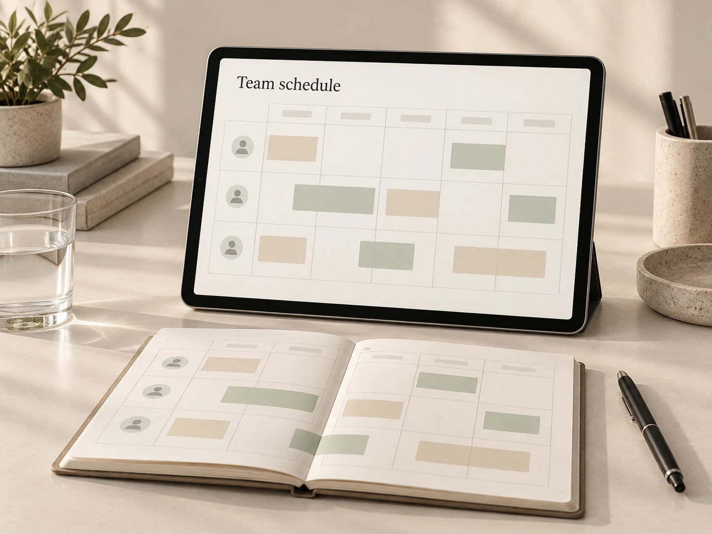 A weekly team schedule on a tablet beside an open paper planner