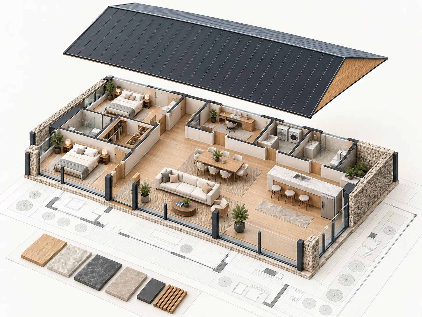 Detailed furnished architectural model with a charcoal roof lifted above the rooms and a floor plan beneath