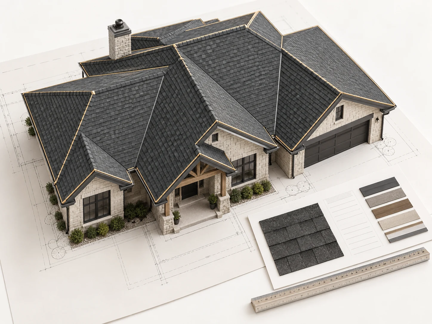 Realistic shingle roof model with traced roof boundaries, a material schedule and shingle samples