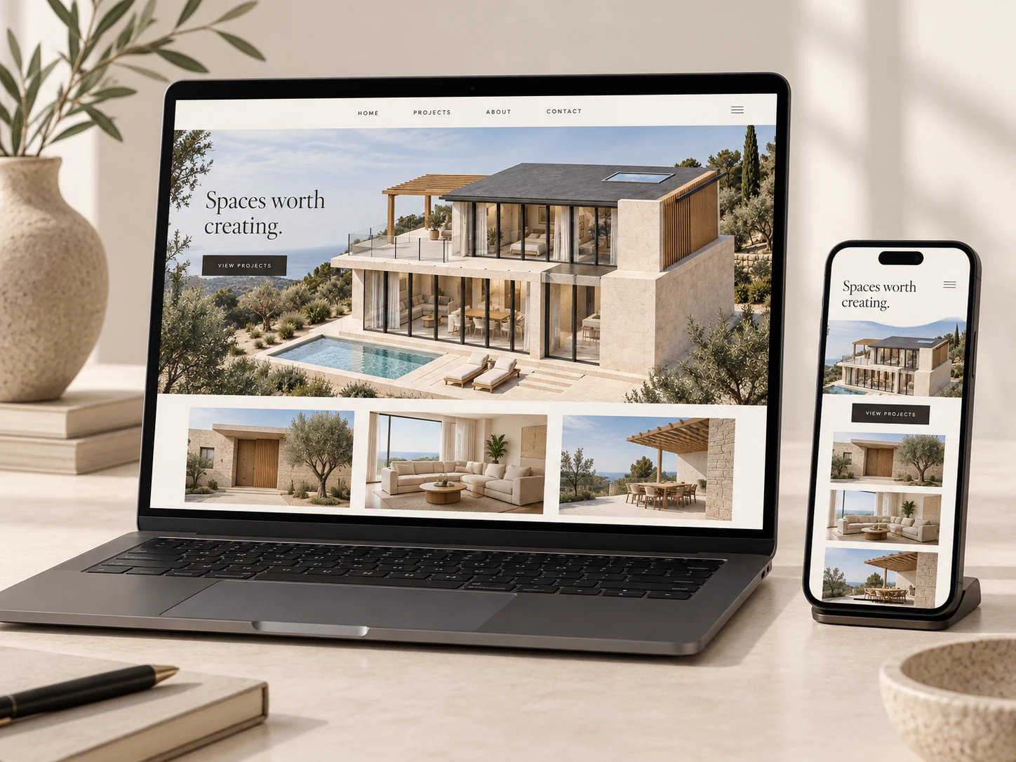An architecture business website displayed on a realistic laptop and phone
