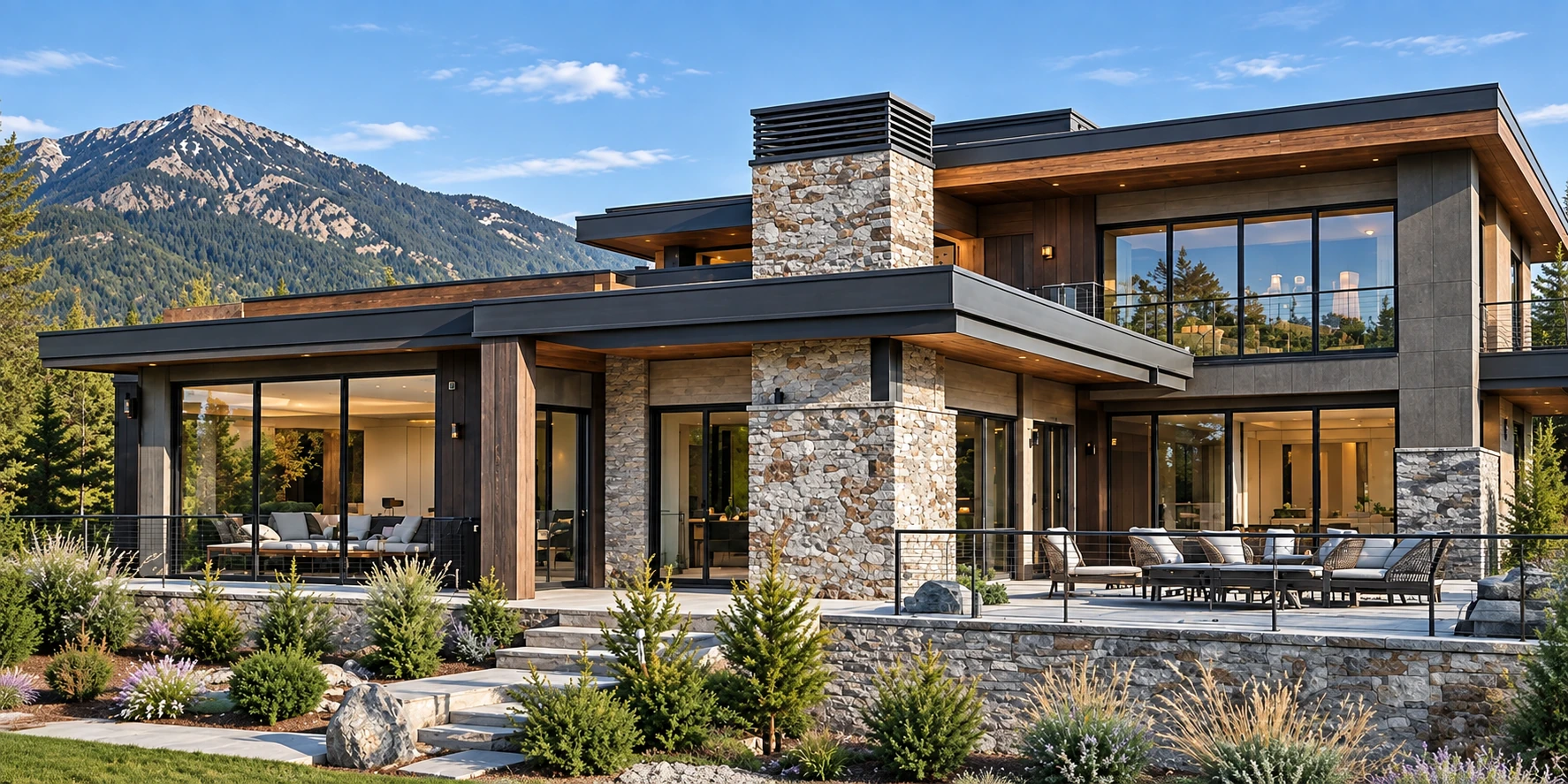 Mountain residence with natural stone, timber and glass