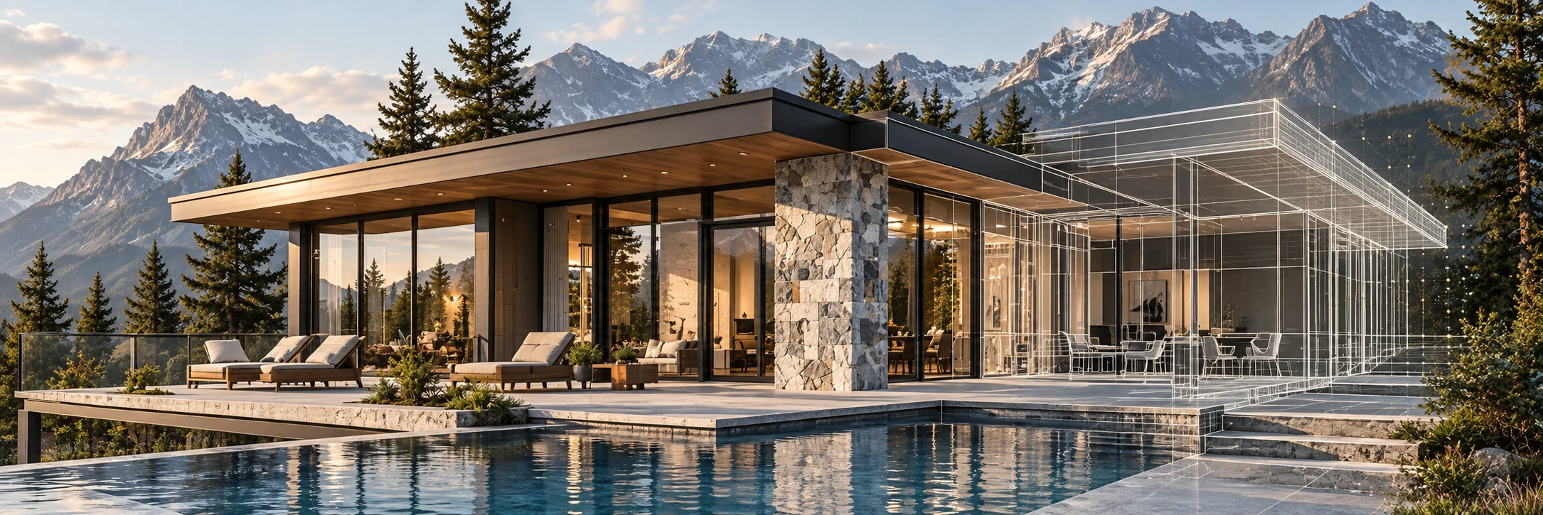 A mountain residence transitioning from architectural linework to a finished space