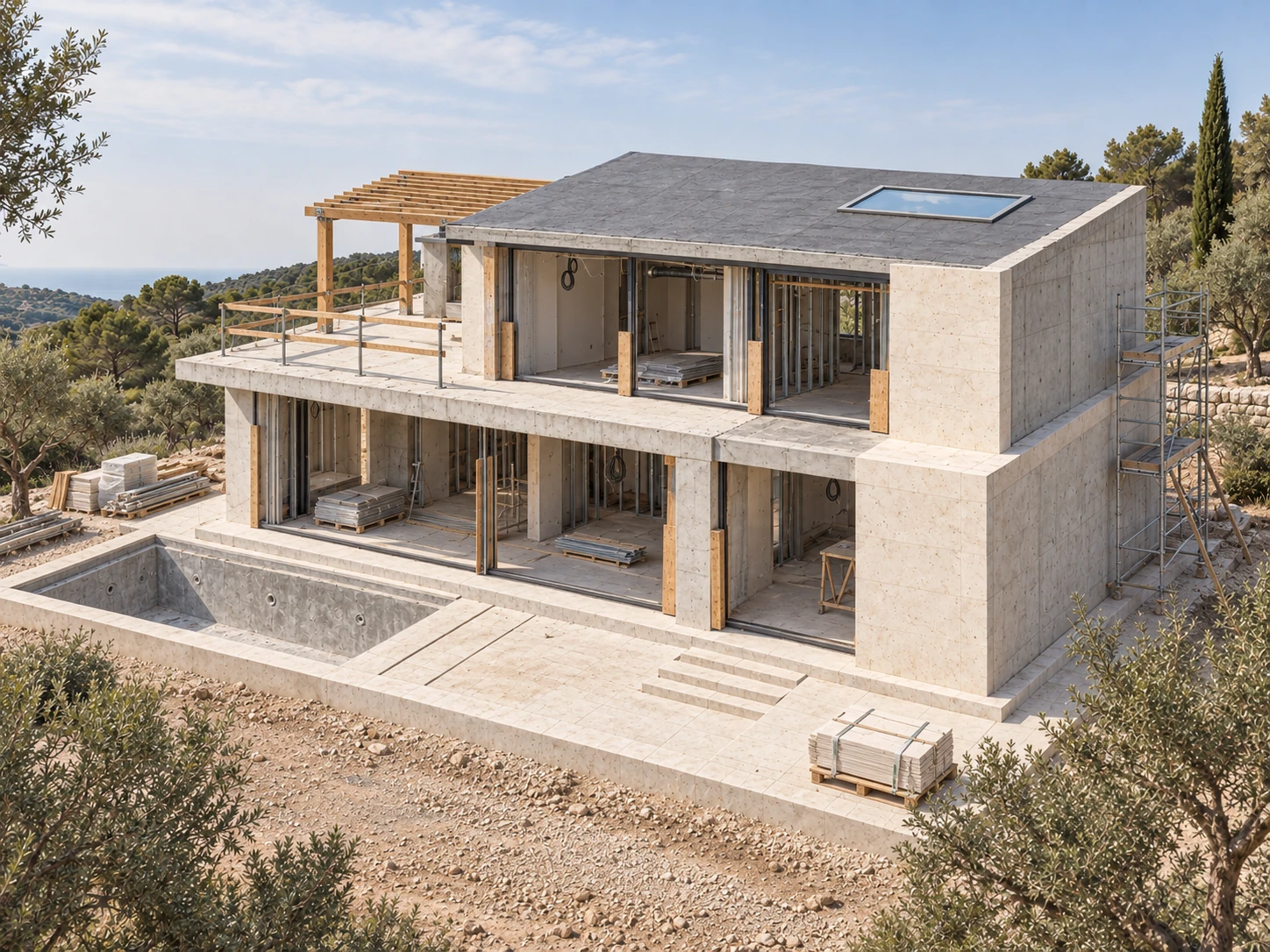 The limestone residence under construction with exposed structure and installation details