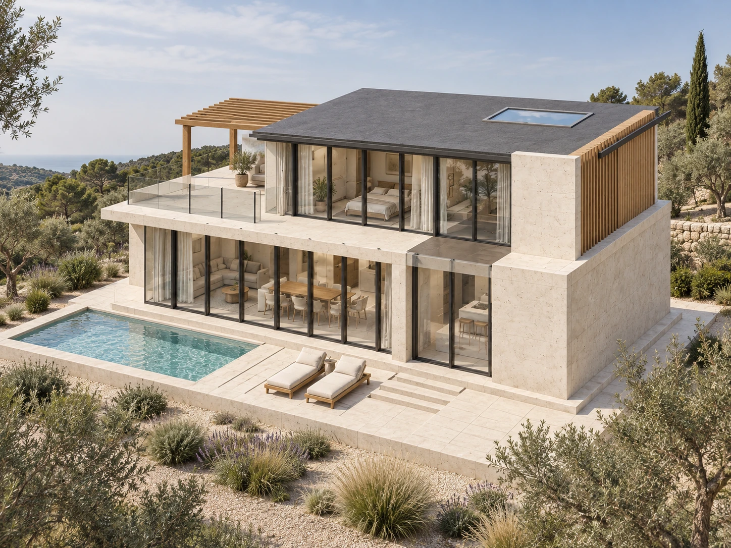 Completed limestone and timber residence with a glass facade, terrace and pool