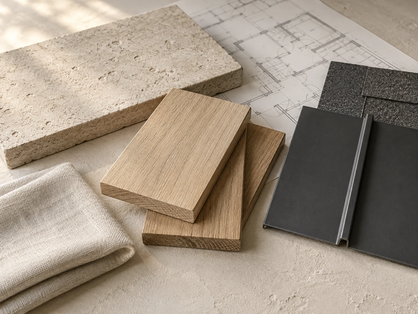 Limestone, white oak, linen and charcoal metal samples arranged on a project drawing