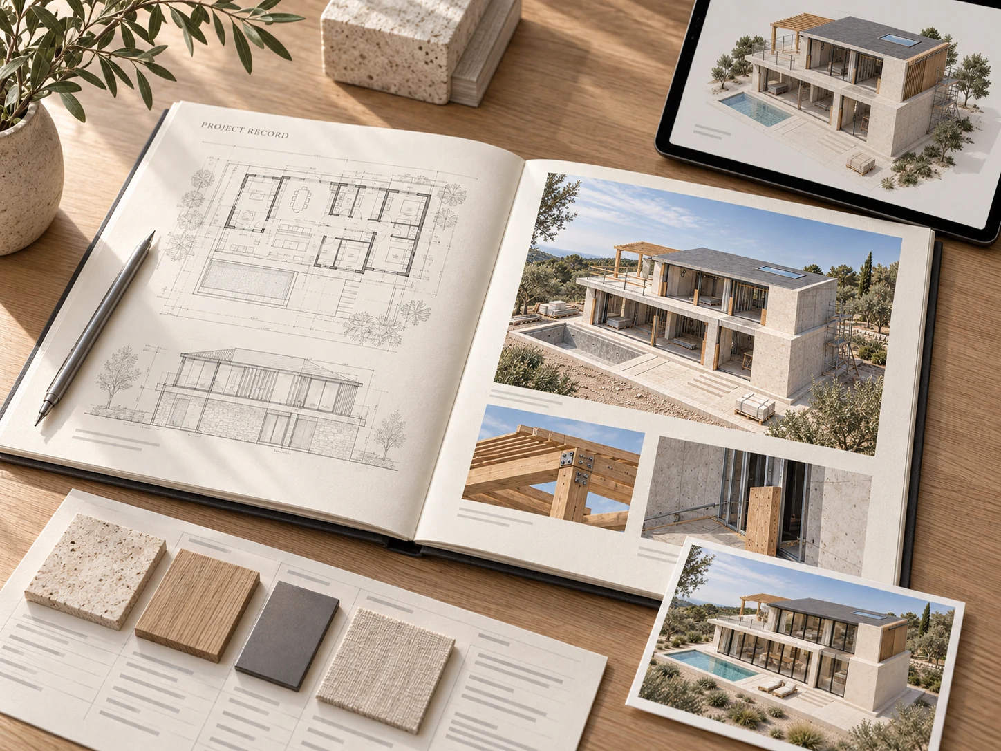 Open construction project record with architectural drawings, progress photographs, a property model and material selections