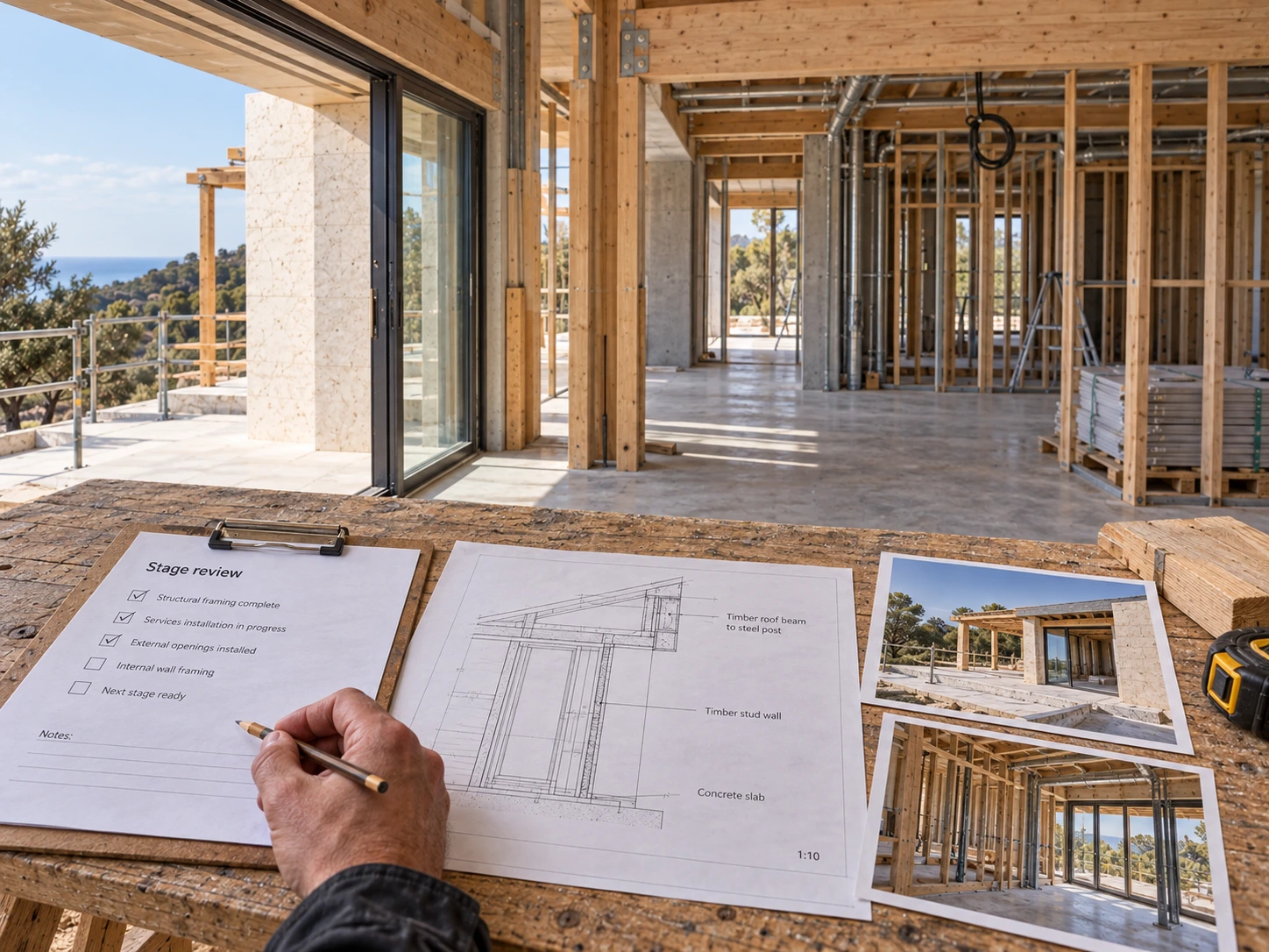 Construction stage inspection sheet, framing drawing and progress photographs being reviewed inside the unfinished residence
