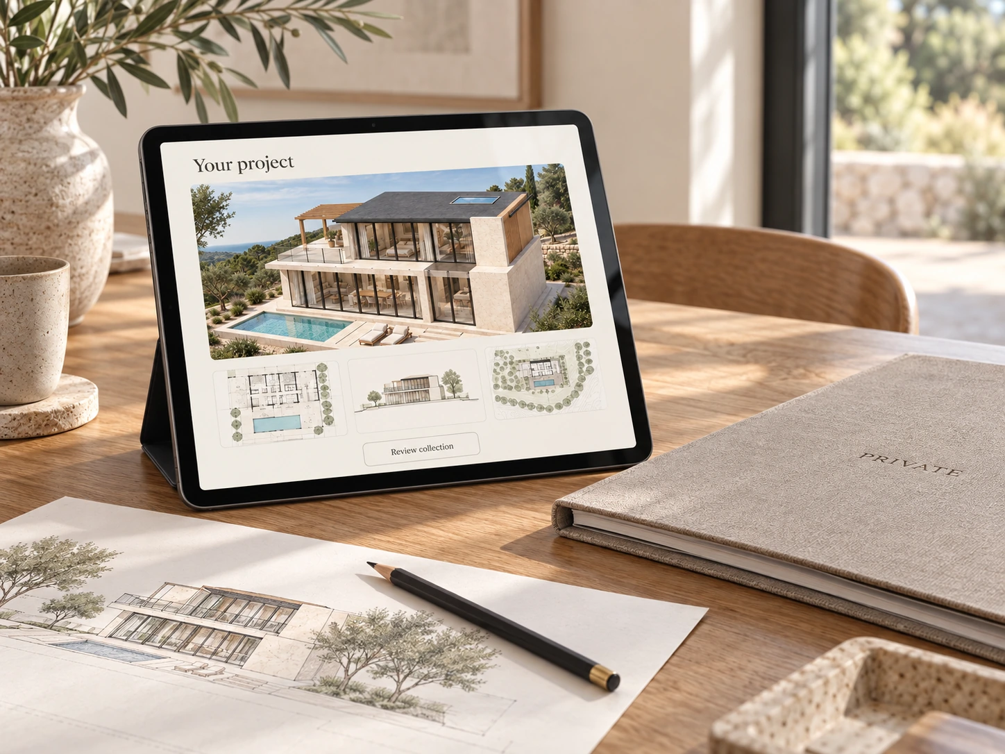 Private project collection on a tablet beside a physical drawing sheet and bound handover folder