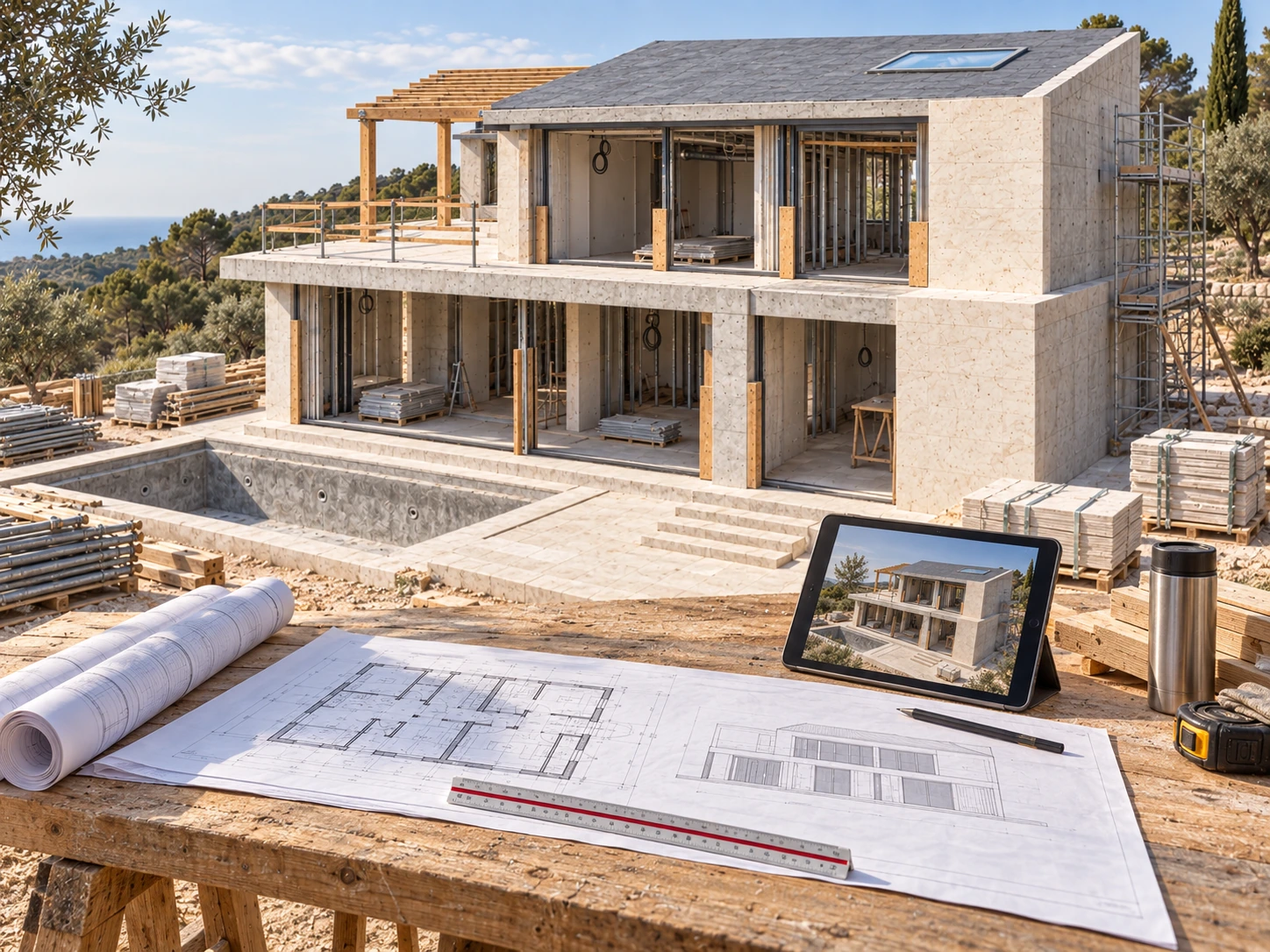 Architectural drawing set and a tablet on a timber workbench in front of the residence under construction