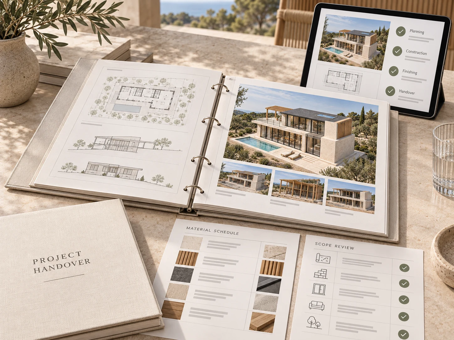 Construction handover collection with drawings, a finished residence, progress records and reviewed material schedules