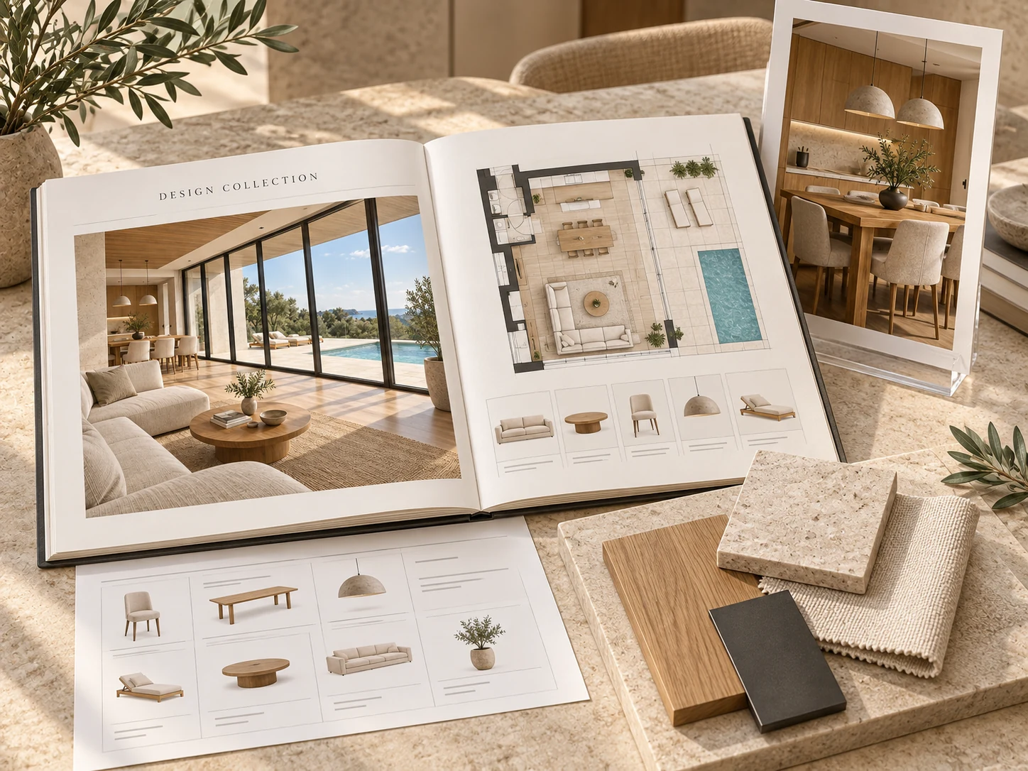 Interior design collection with furnished room photography, room plans, furniture selections and oak, linen and stone samples