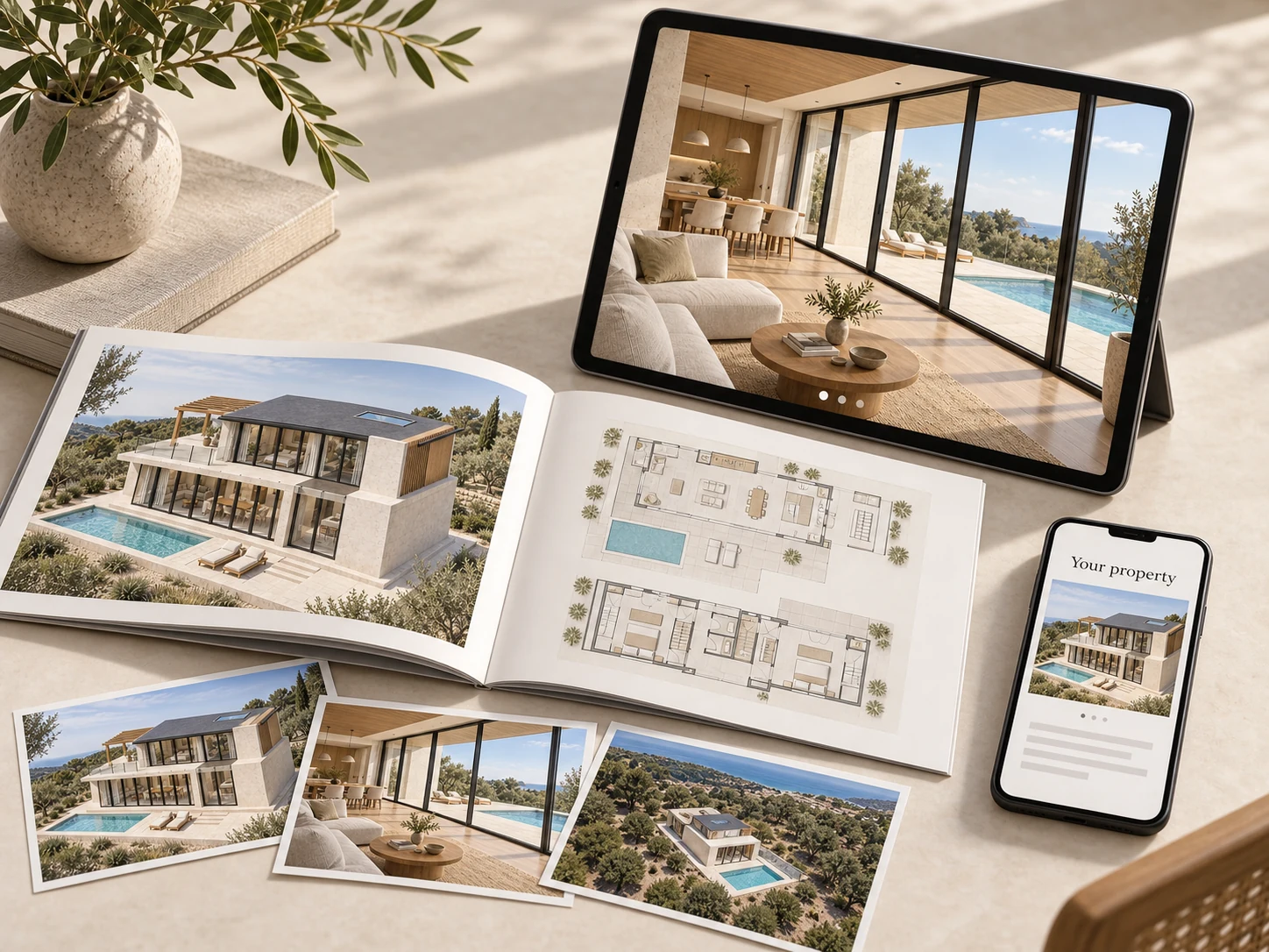 Property media collection with furnished plans, interior and exterior photographs, aerial media and a private delivery page