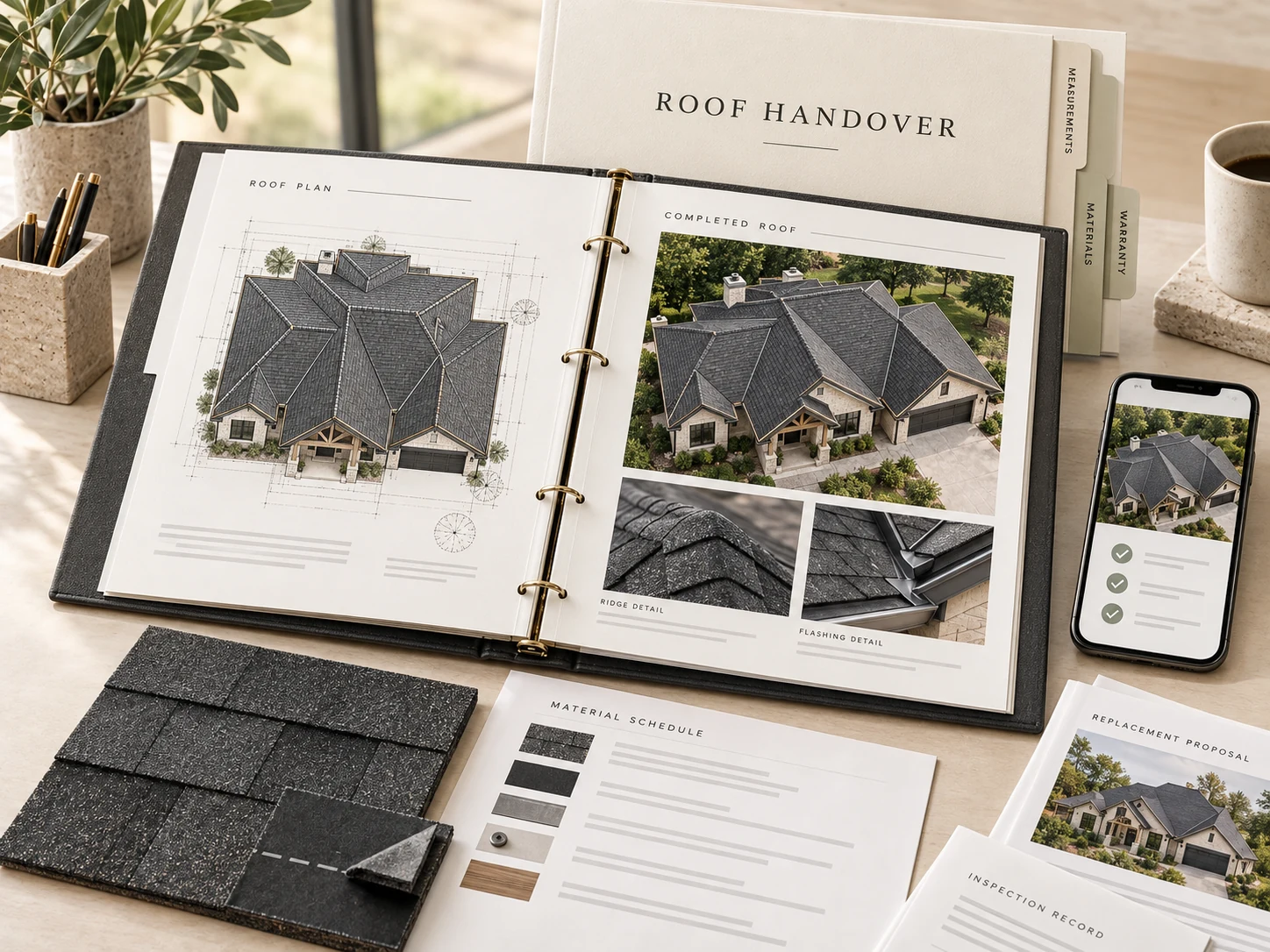 Roof handover package with a roof drawing, finished roof photographs, shingle samples and organized project documents