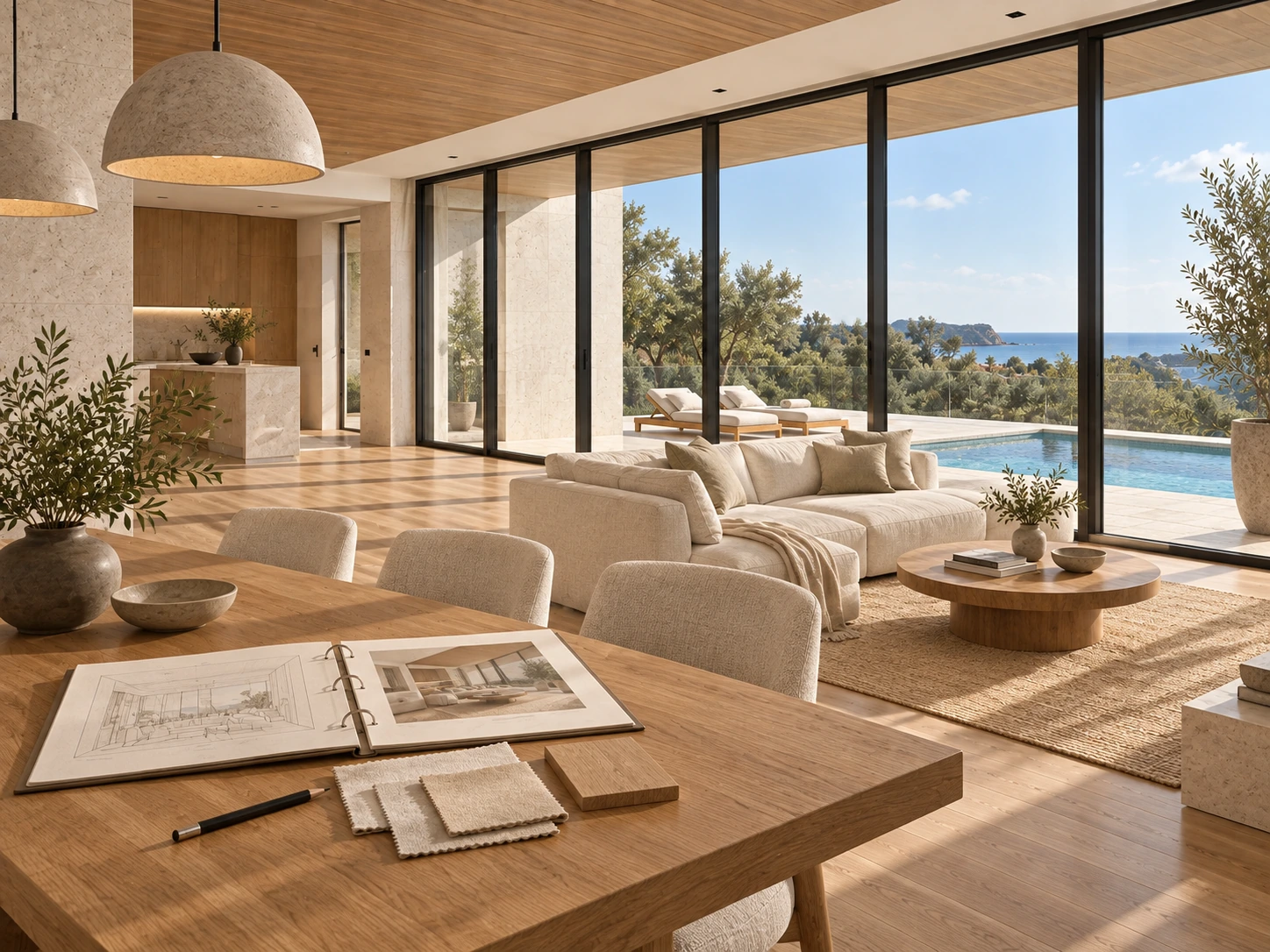 A design consultation binder, room drawing and upholstery samples on the dining table of the finished sunlit interior