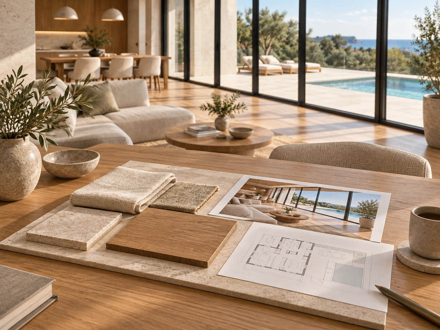 Interior selection board with a furnished room print, floor plan, linen, oak and limestone samples in a sunlit room