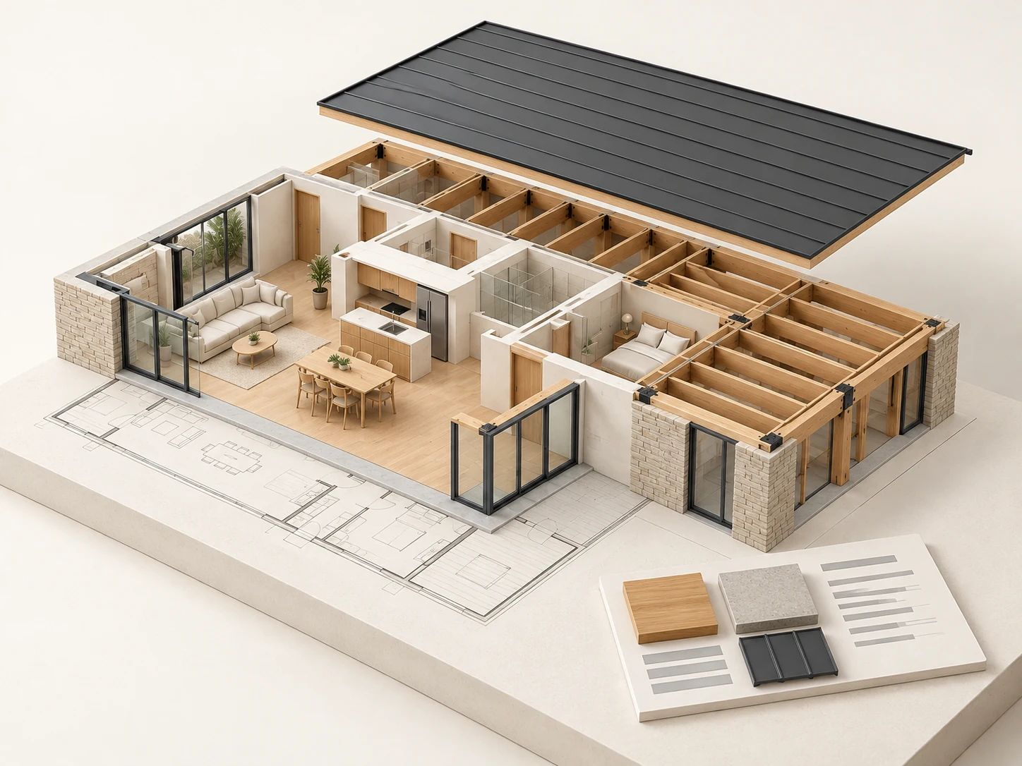 Detailed cutaway residence connecting furnished rooms, exposed timber structure, a lifted roof and a matching drawing