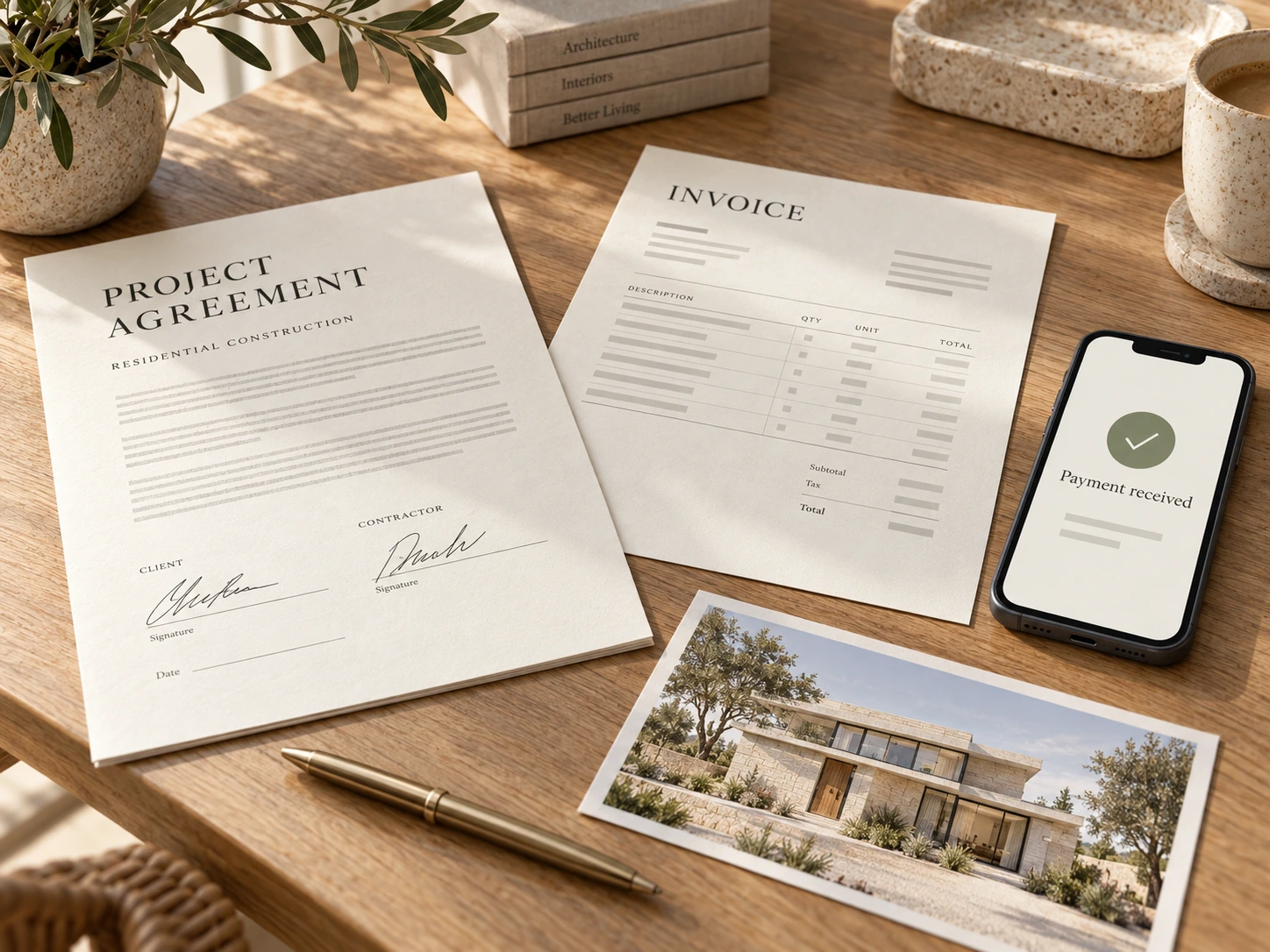 Signed project agreement, invoice and a phone showing a payment confirmation beside a photograph of the completed property