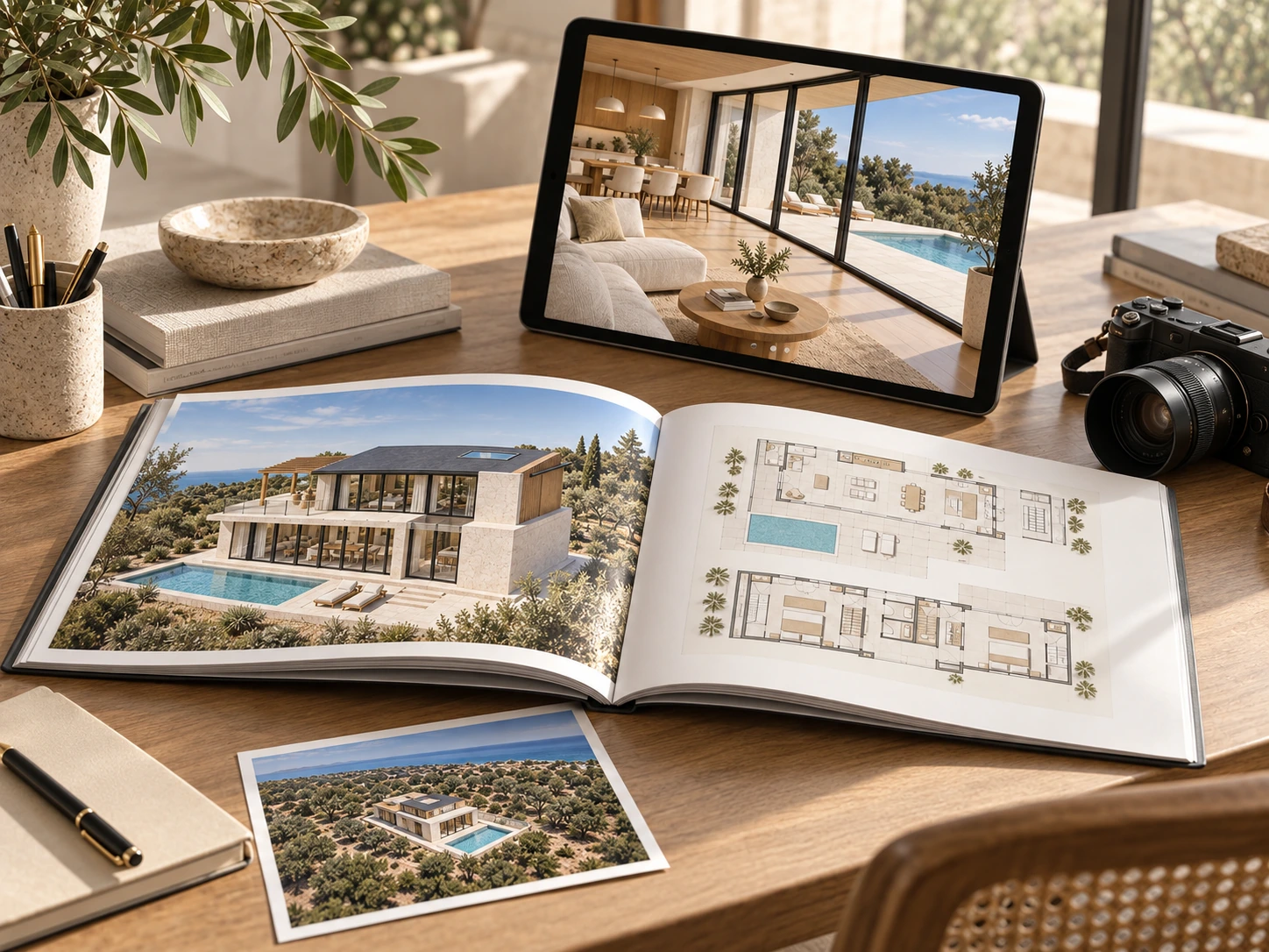 Property brochure, floor plan, aerial photograph and a tablet showing an interior view beside a professional camera
