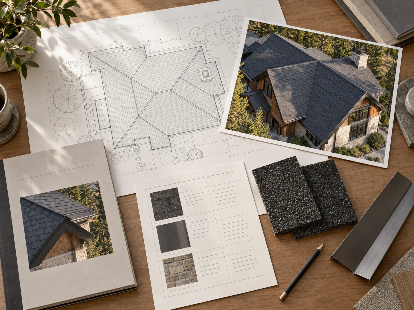 Roofing project collection with a roof drawing, aerial photograph, proposal booklet, material schedule, asphalt shingle samples and metal flashing