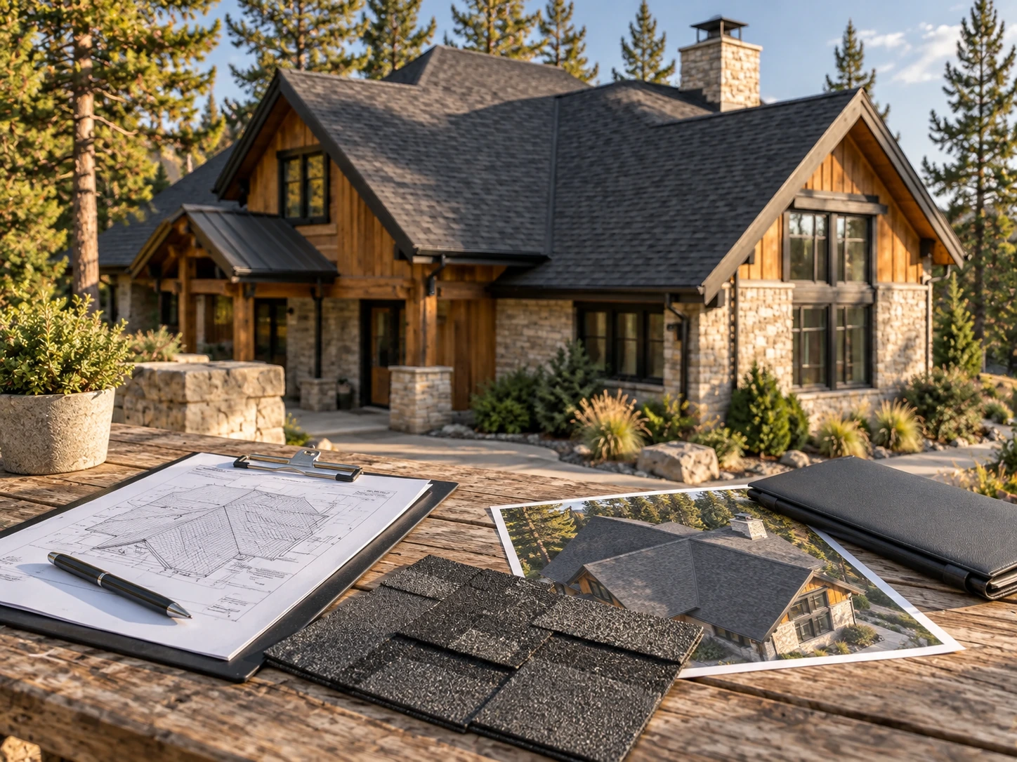 Roof plan, aerial photograph and shingle samples on a work table at a timber and stone home with a completed charcoal roof