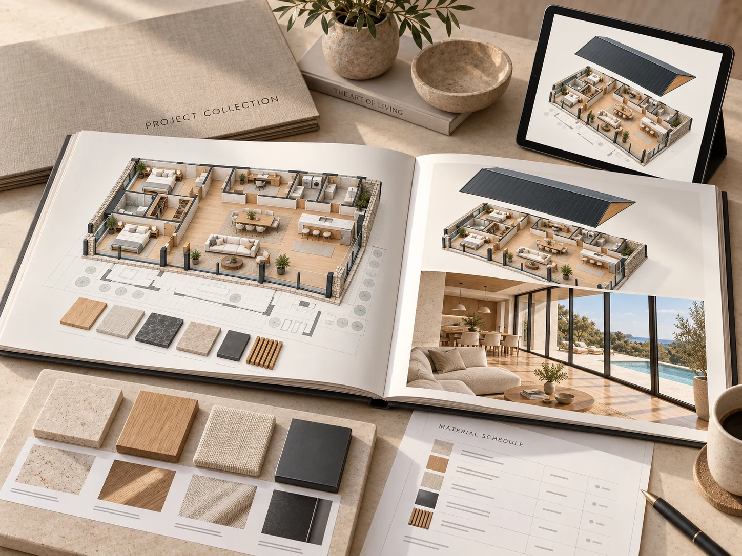 Architectural project collection with a furnished floor plan, saved model views, quantity schedule and tactile finish samples