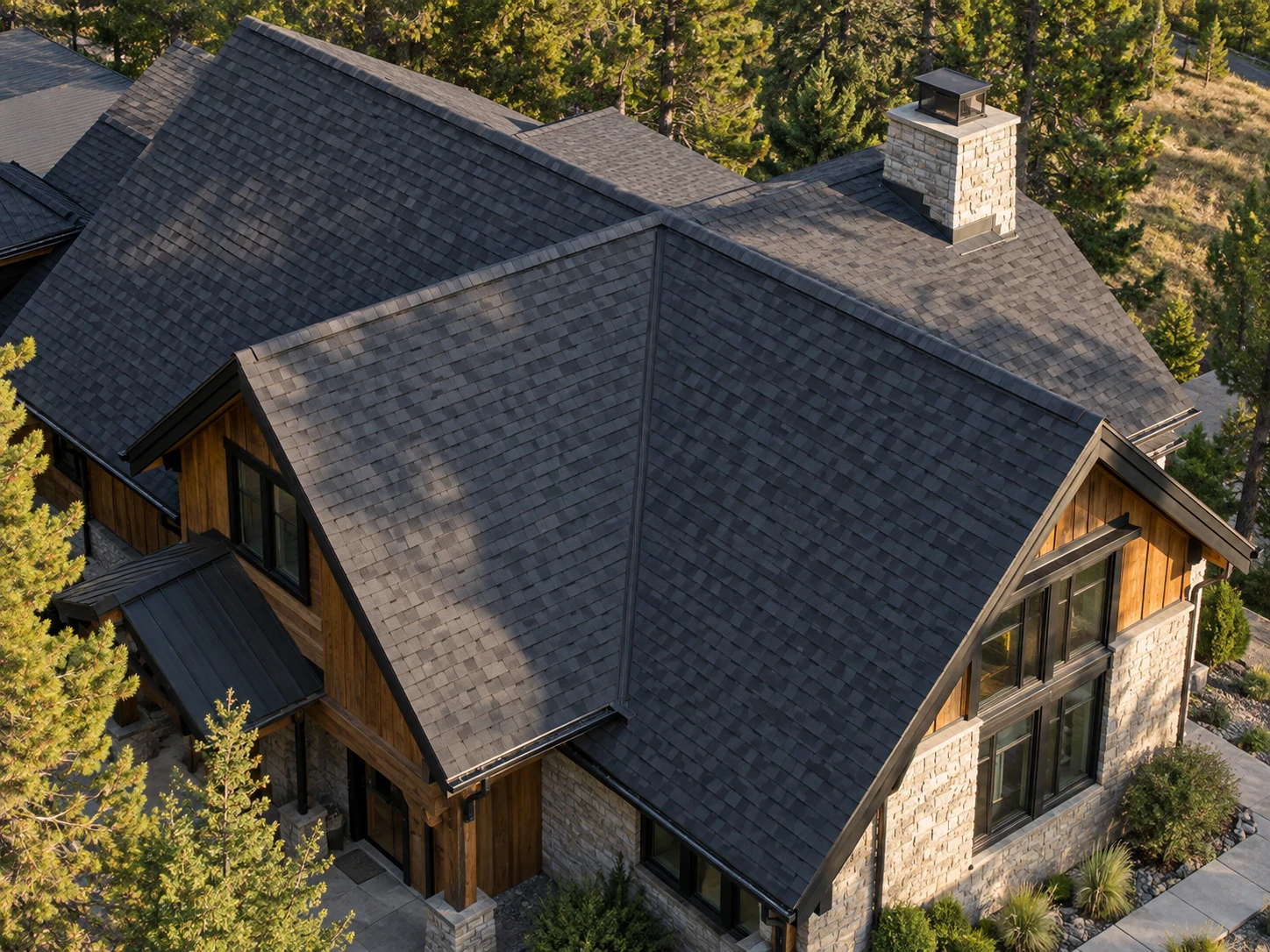 Drone photograph of charcoal shingle roofs with detailed ridges, valleys and chimney flashing on a timber and stone residence