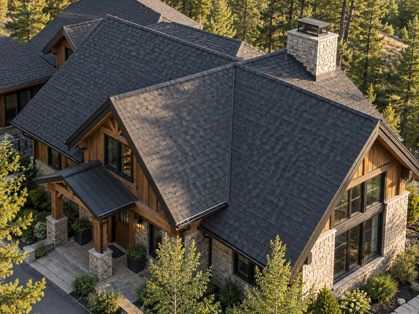 Aerial view of a timber and limestone residence with detailed charcoal shingle roofs, gables, gutters and a stone chimney