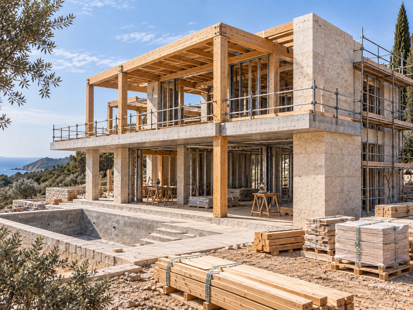 Modern residence under construction with exposed timber framing, a concrete slab and a partially completed limestone exterior