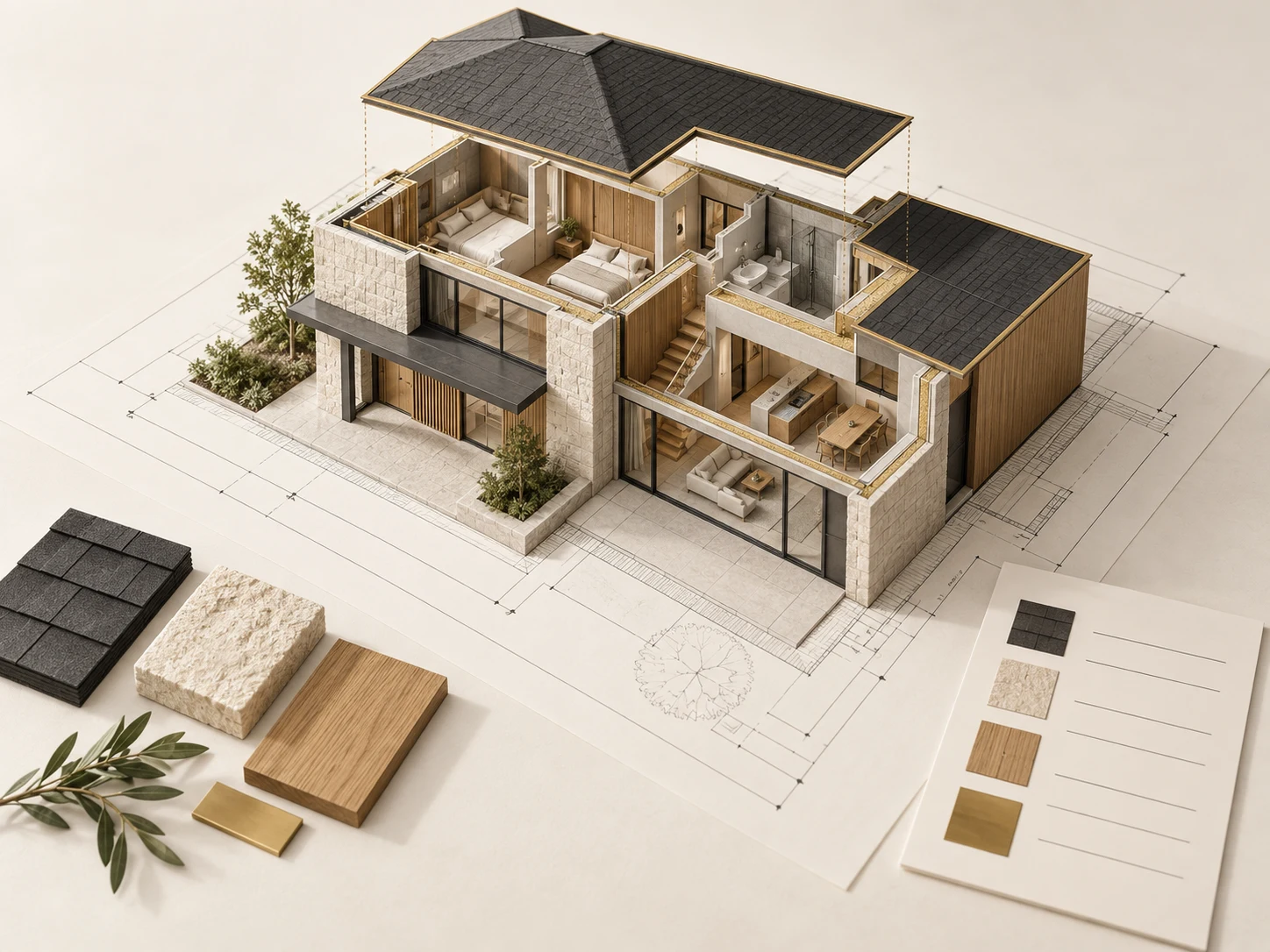Cutaway limestone and timber residence on an architectural plan, with traced roof edges, exposed rooms and coordinated roofing, stone and timber samples