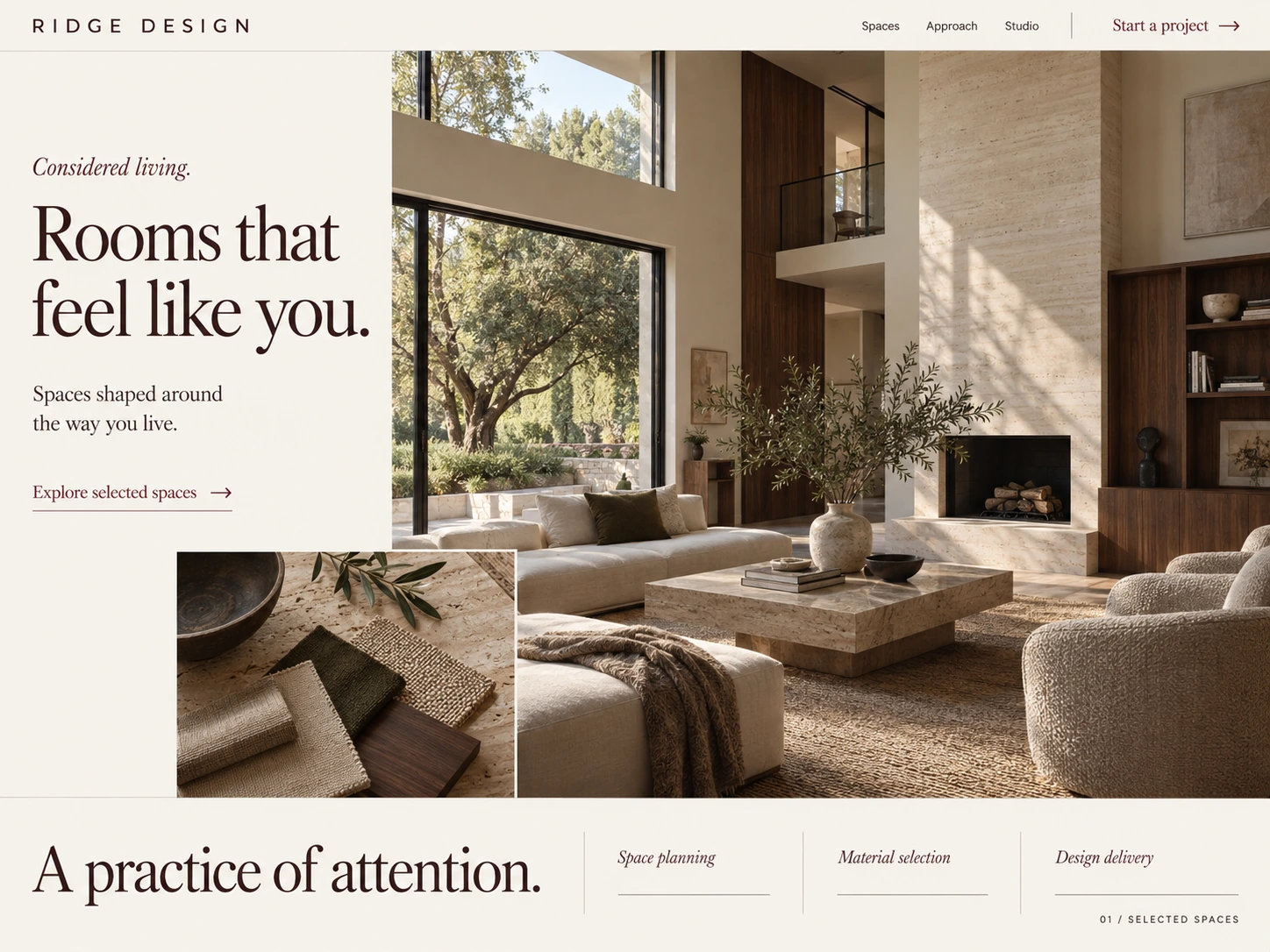 Ridge Design website concept: expressive oxblood serif typography, a sunlit travertine and walnut interior, tactile material details and a selected-spaces collection.