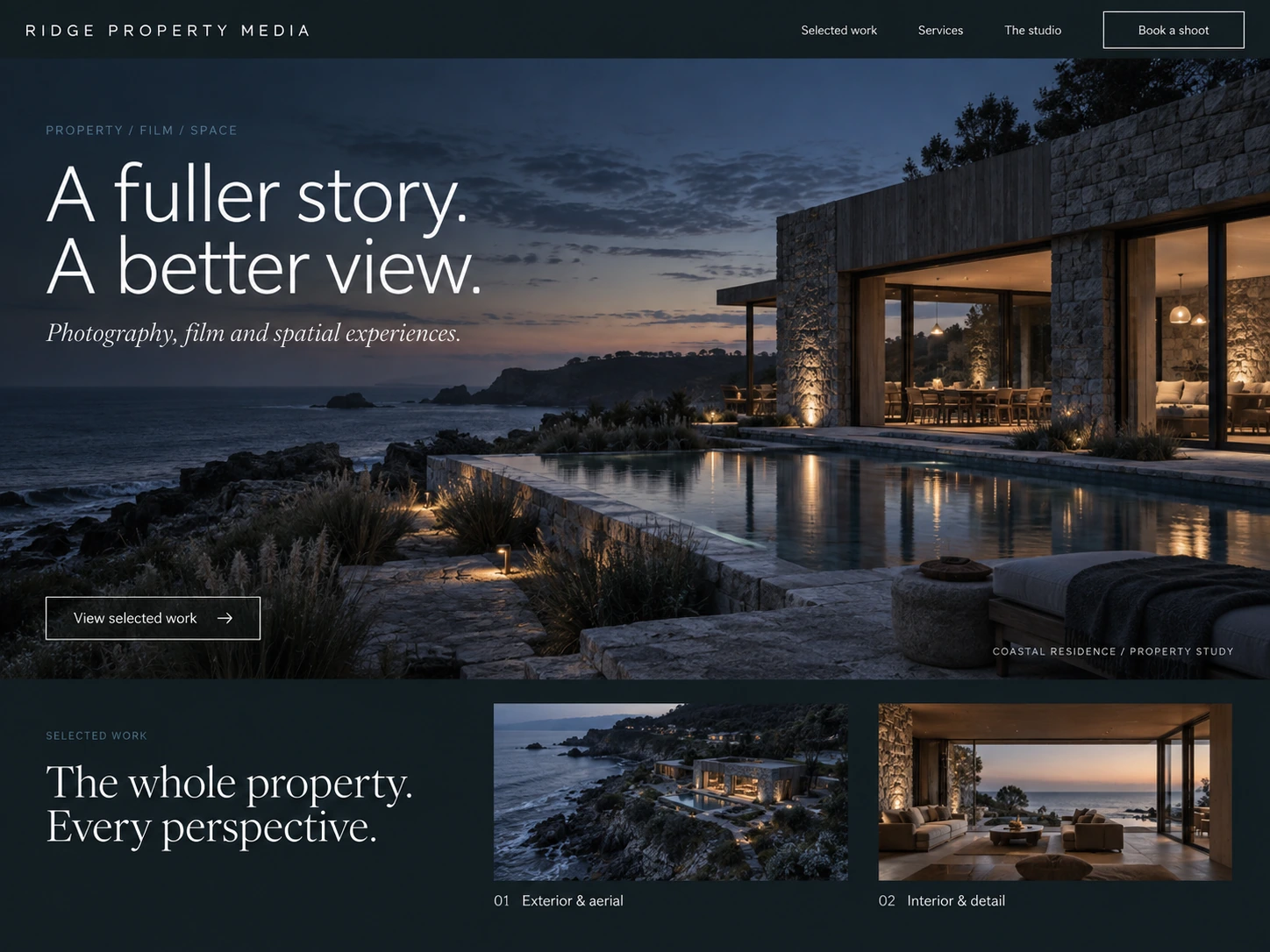 Ridge Property Media website concept: a midnight-blue portfolio with large white typography, a coastal residence at blue hour and coordinated aerial and interior photographs.