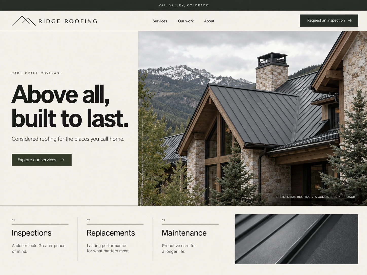 Ridge Roofing website concept: oversized charcoal typography, an ivory editorial layout and architectural photography of a standing-seam roof in the mountains.